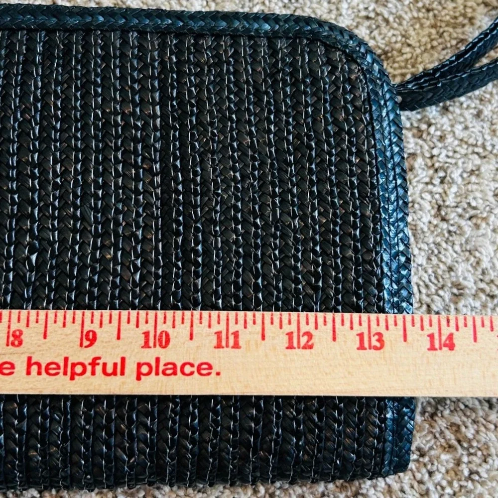 Vintage Black Woven Straw Wristlet Clutch Bag Large Zipper Pouch